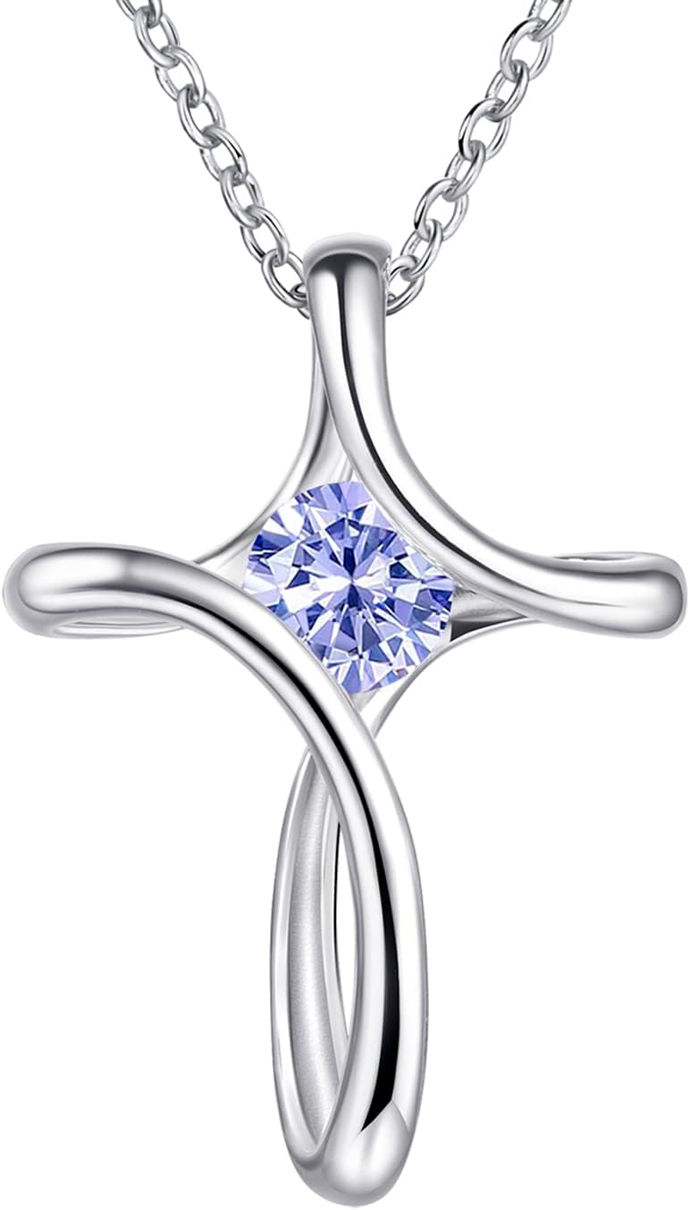 Silver-tone looped cross pendant with a round birthstone-color crystal
