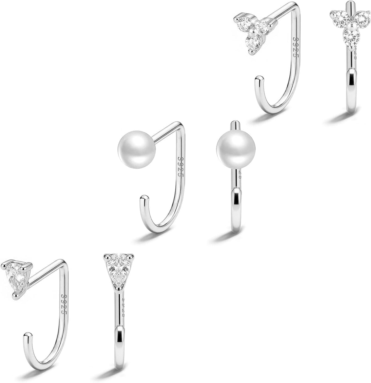 Small half hoop huggie earrings shown in several designs