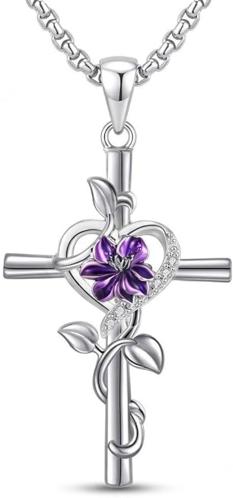 Silver-tone cross pendant with a leaf vine and an enamel birth flower