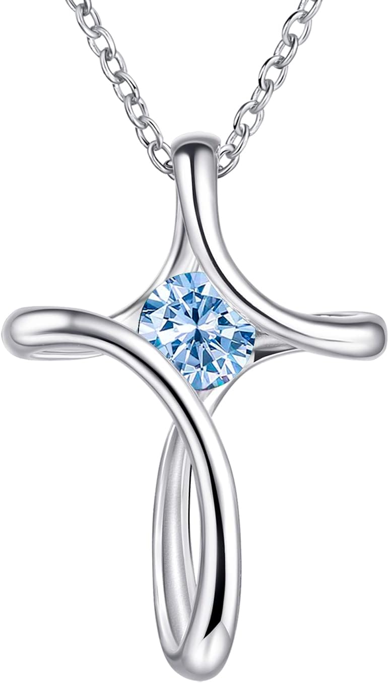 Silver-tone looped cross pendant with a round birthstone-color crystal