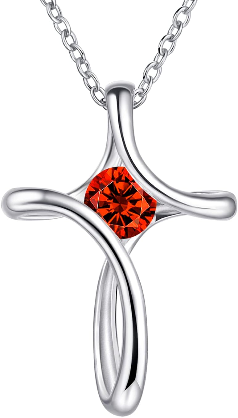 Silver-tone looped cross pendant with a round birthstone-color crystal