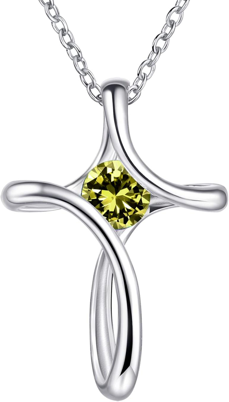 Silver-tone looped cross pendant with a round birthstone-color crystal