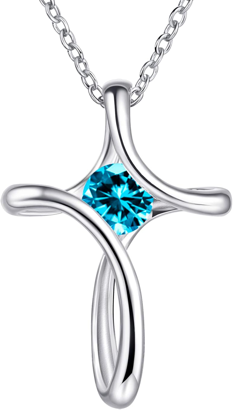 Silver-tone looped cross pendant with a round birthstone-color crystal