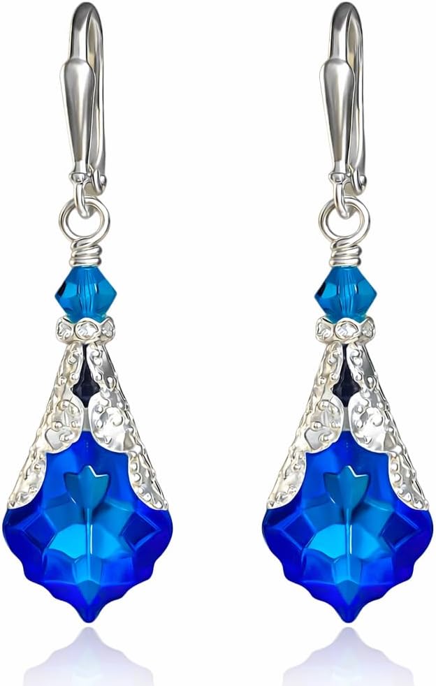 Antique brass-tone leverback earrings with a faceted glass drop
