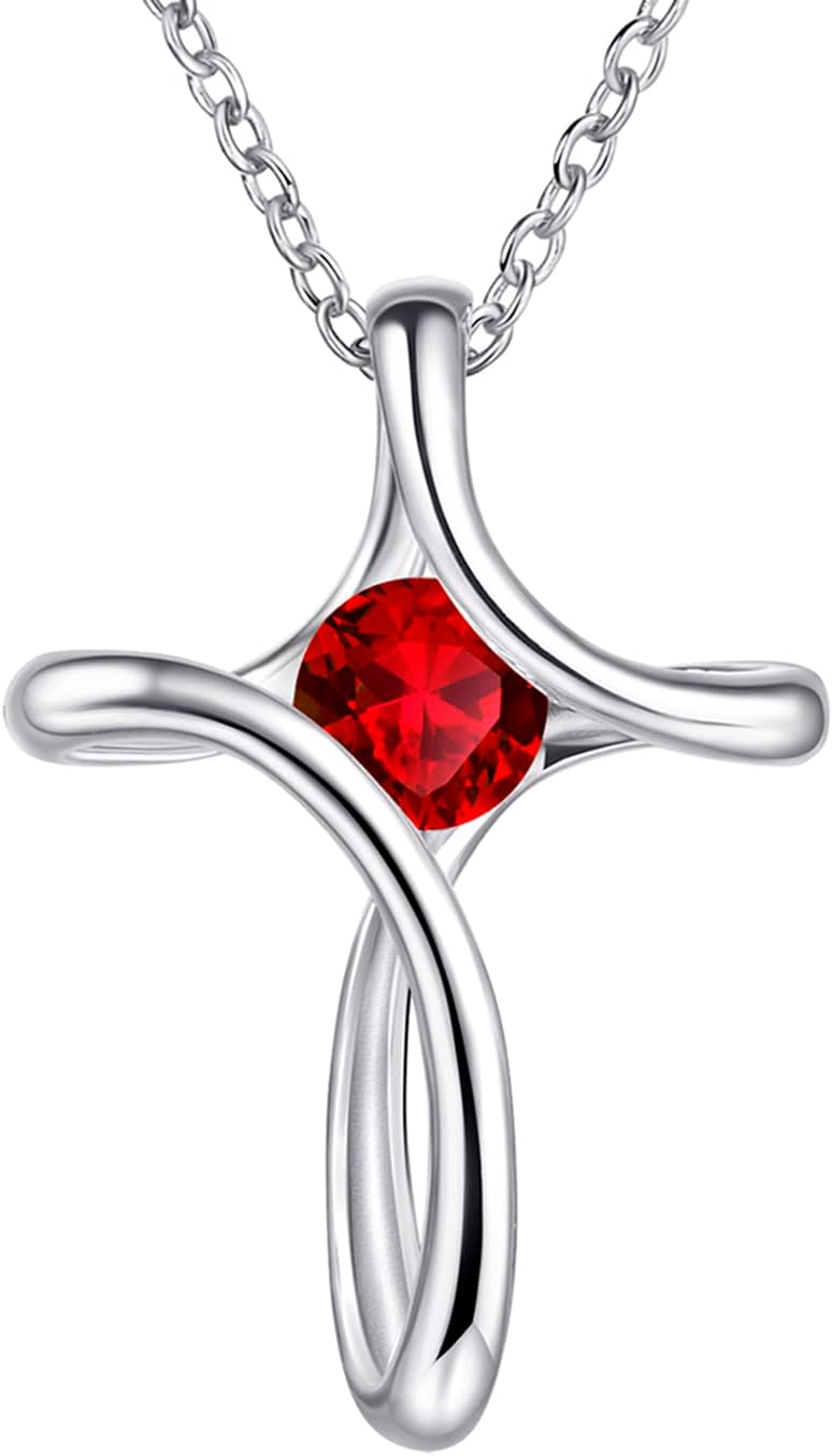 Silver-tone looped cross pendant with a round birthstone-color crystal