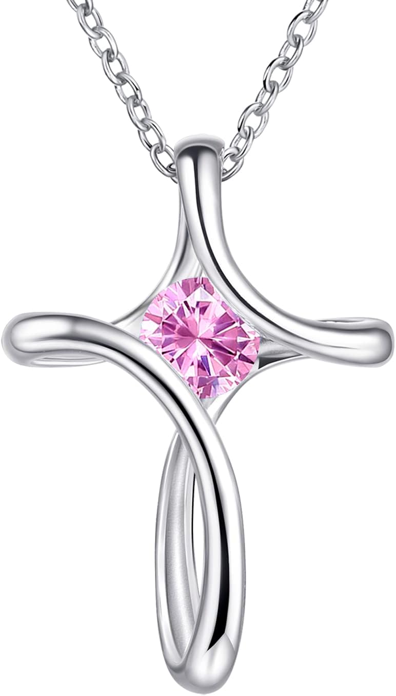 Silver-tone looped cross pendant with a round birthstone-color crystal