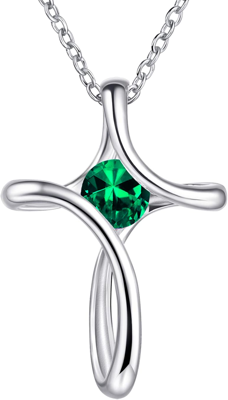 Silver-tone looped cross pendant with a round birthstone-color crystal