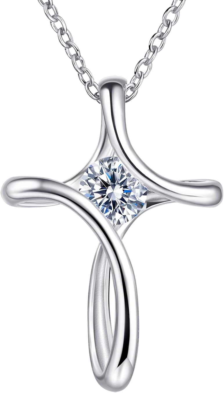 Silver-tone looped cross pendant with a round birthstone-color crystal