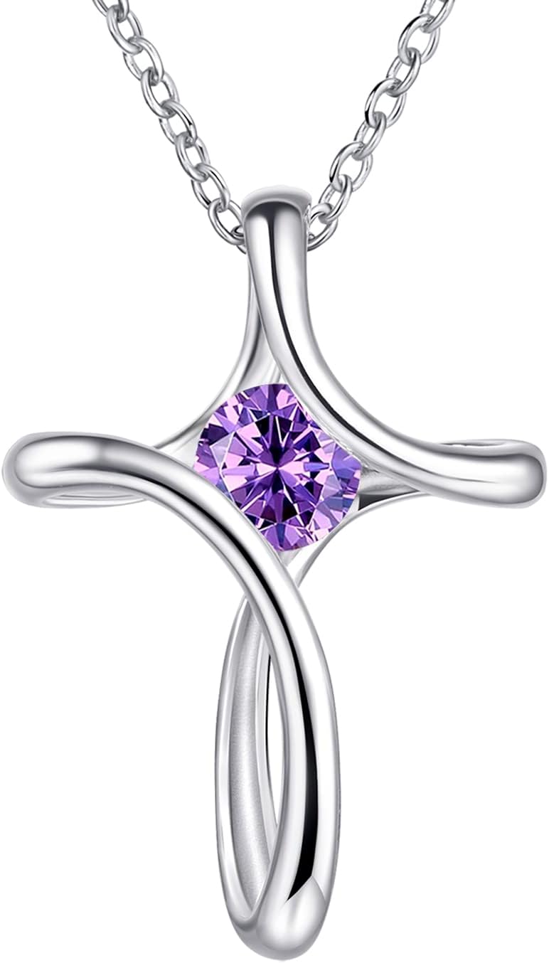 Silver-tone looped cross pendant with a round birthstone-color crystal