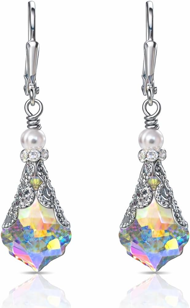 Antique brass-tone leverback earrings with a faceted glass drop