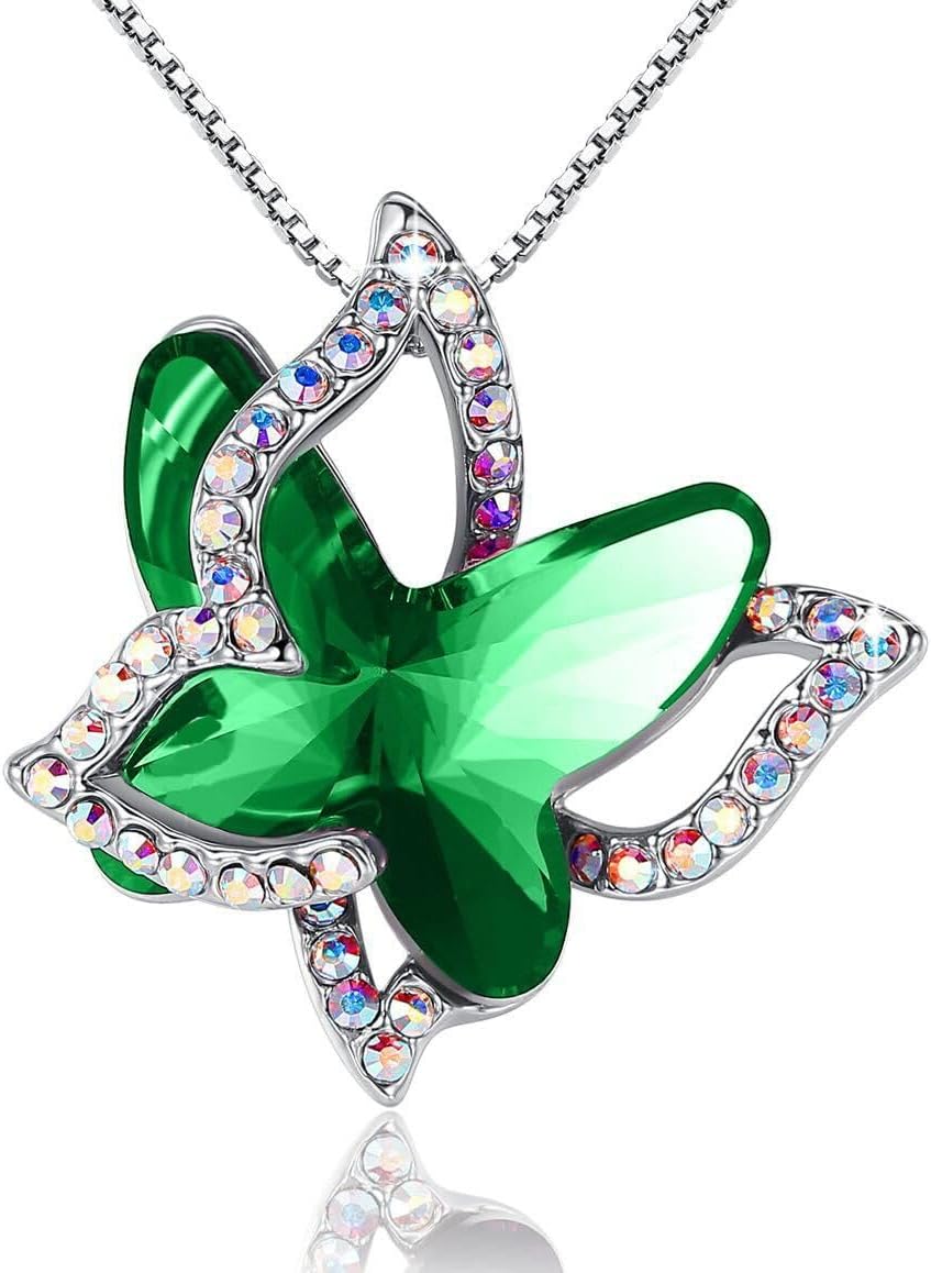 Faceted crystal butterfly pendant with a pave silver-tone wing overlay
