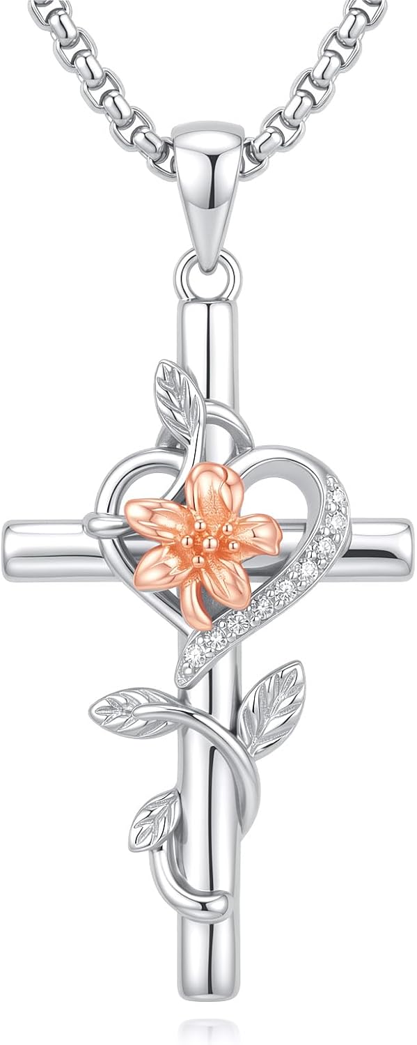 Silver-tone cross pendant with a leaf vine and an enamel birth flower