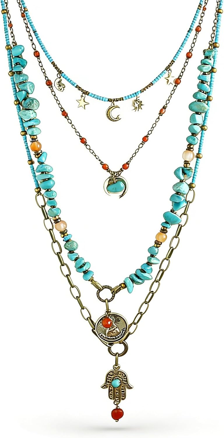 Four-strand layered necklace of mixed stone, wood and glass beads