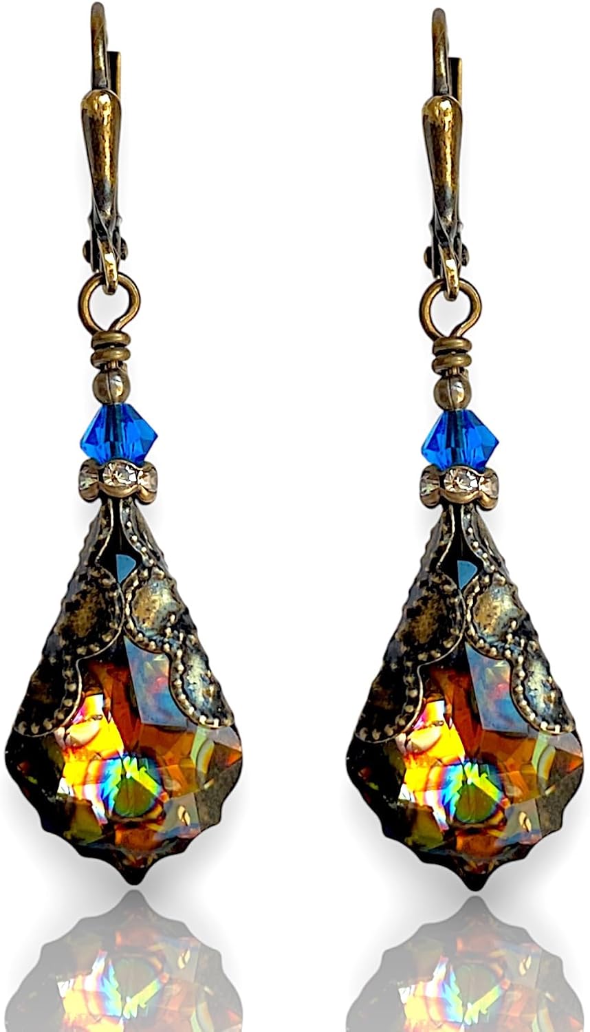 Antique brass-tone leverback earrings with a faceted glass drop