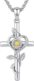Silver-tone cross pendant with a leaf vine and an enamel birth flower