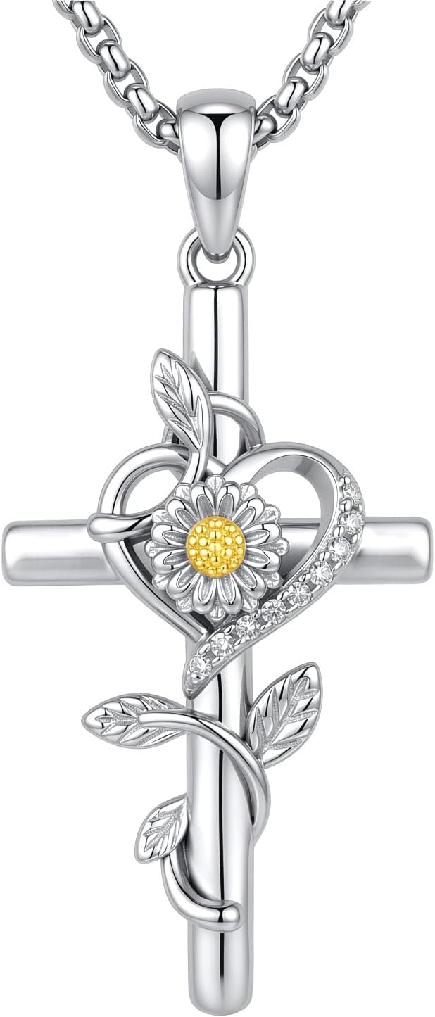 Silver-tone cross pendant with a leaf vine and an enamel birth flower