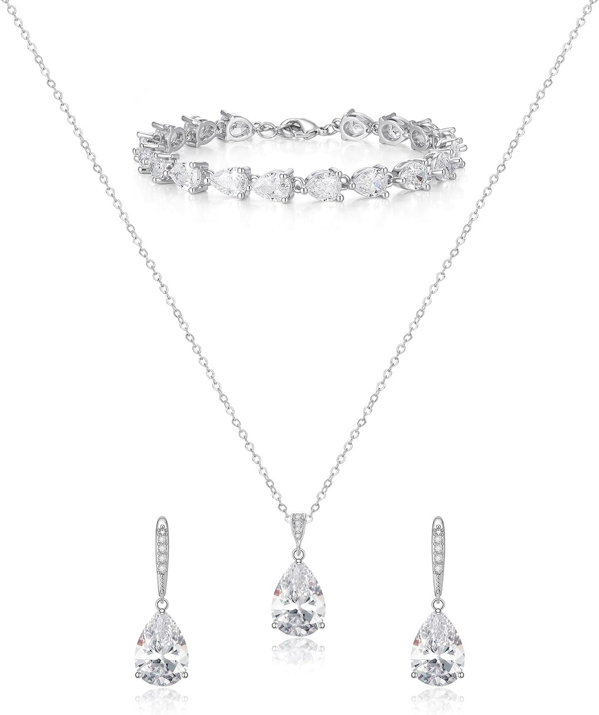 Matching bridal set: necklace, drop earrings and bracelet