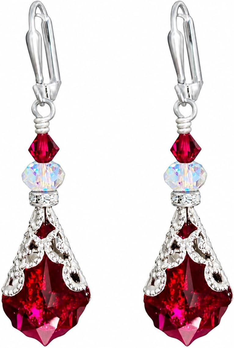 Antique brass-tone leverback earrings with a faceted glass drop