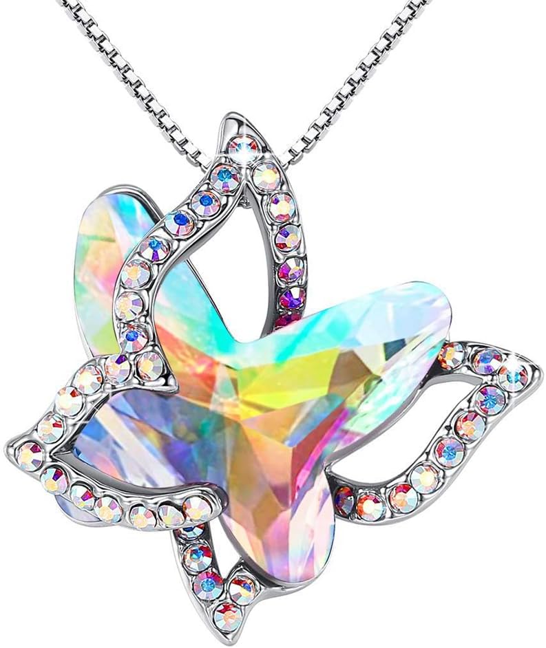 Faceted crystal butterfly pendant with a pave silver-tone wing overlay