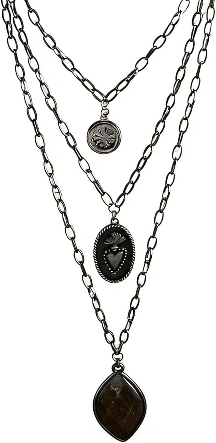 Four-strand layered necklace of mixed stone, wood and glass beads