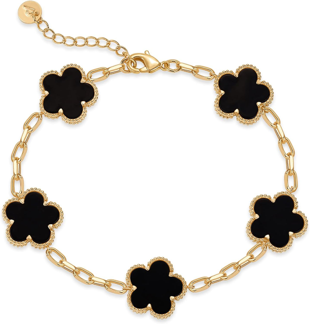 Gold-tone paperclip chain bracelet with five flower stations