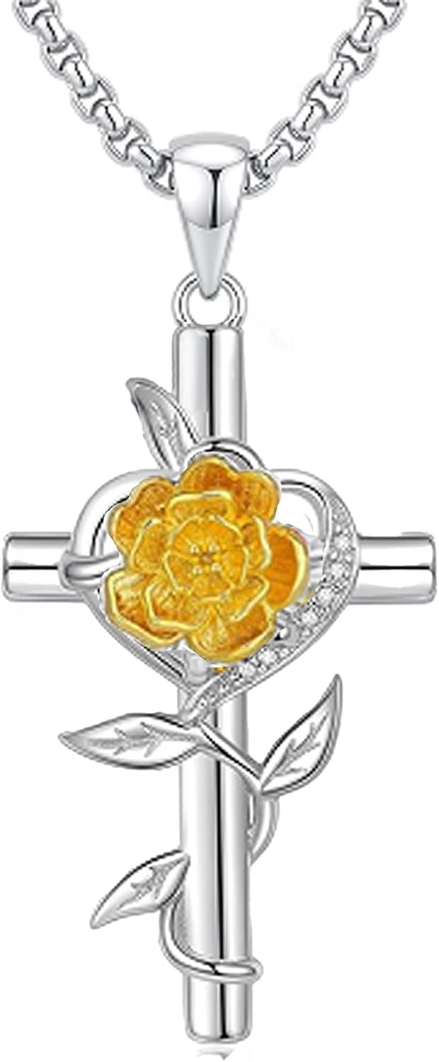 Silver-tone cross pendant with a leaf vine and an enamel birth flower