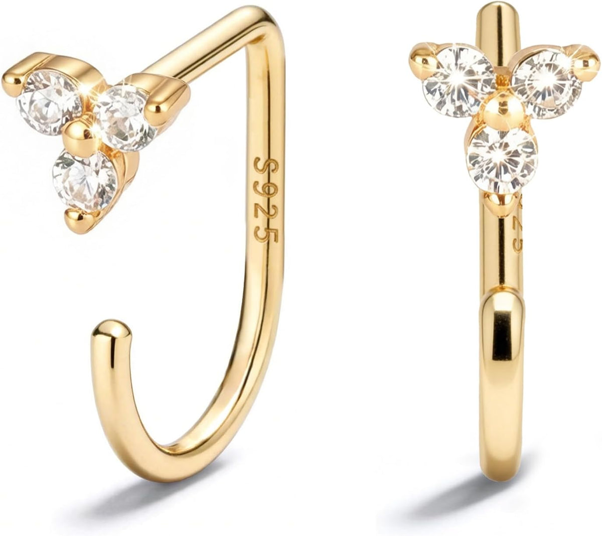 Small half hoop huggie earrings shown in several designs