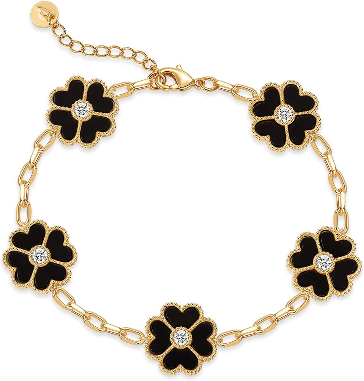 Gold-tone paperclip chain bracelet with five flower stations