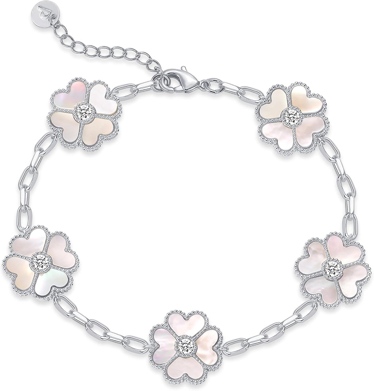 Gold-tone paperclip chain bracelet with five flower stations