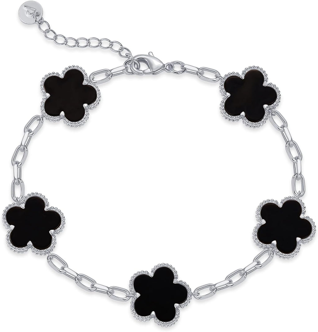 Gold-tone paperclip chain bracelet with five flower stations