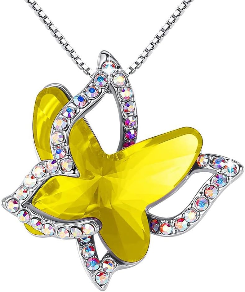 Faceted crystal butterfly pendant with a pave silver-tone wing overlay