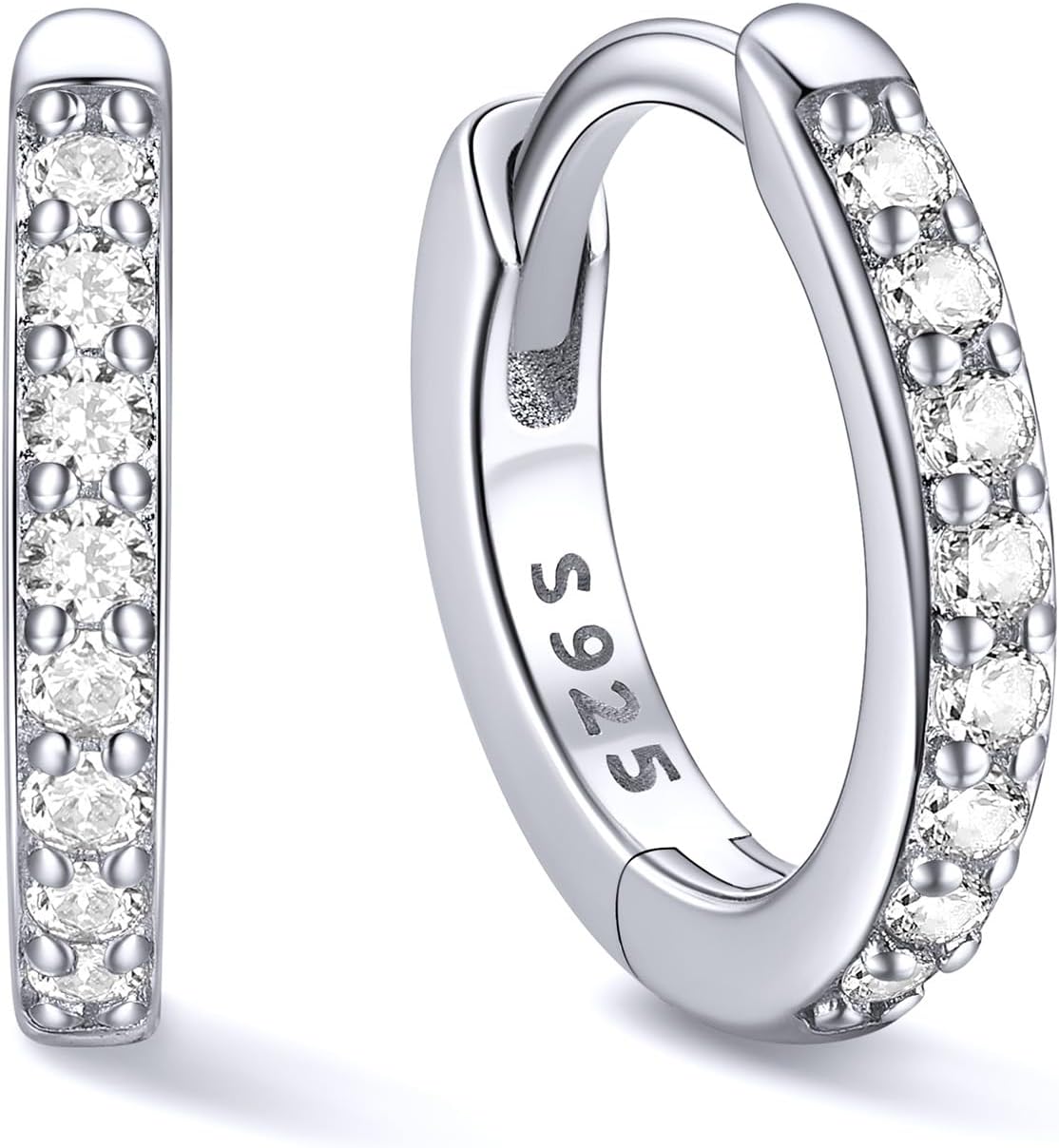 Hinged huggie hoop earrings set with a row of clear stones