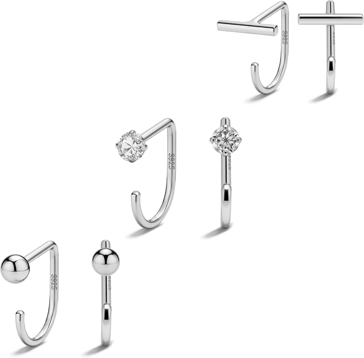 Small half hoop huggie earrings shown in several designs