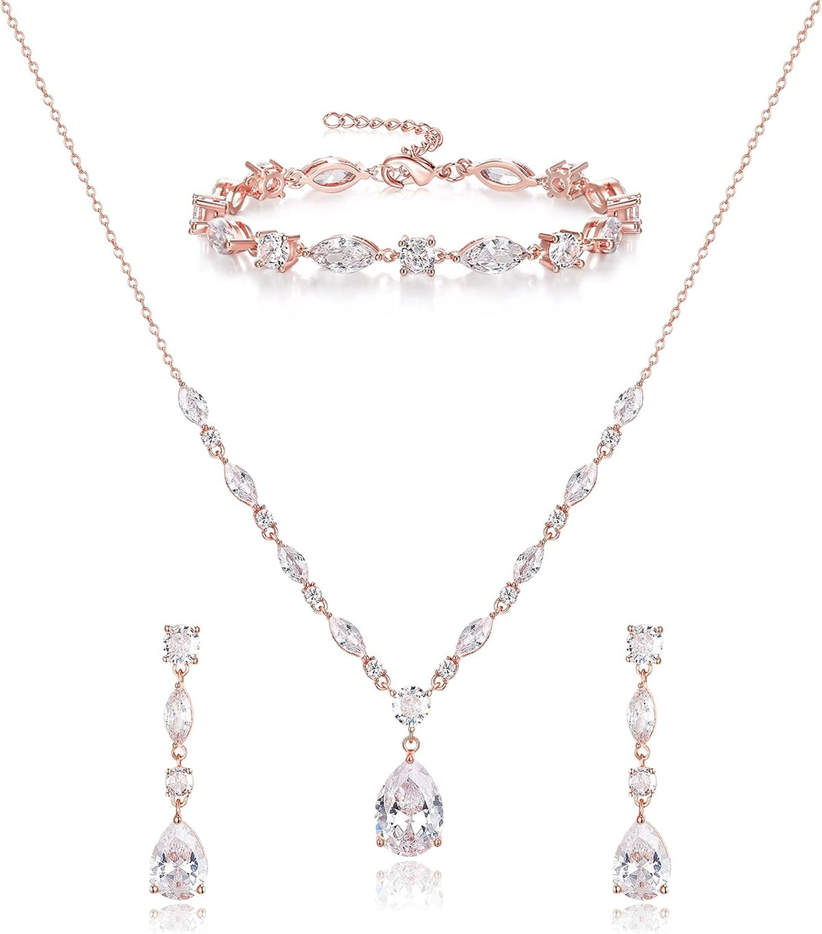 Matching bridal set: necklace, drop earrings and bracelet