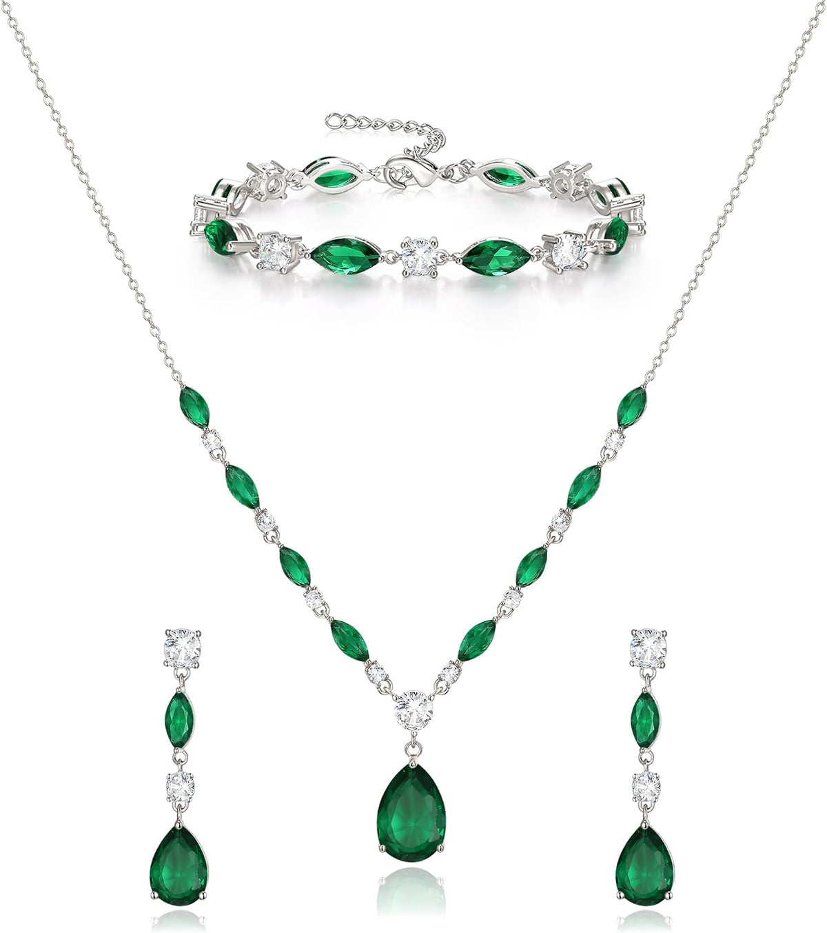 Matching bridal set: necklace, drop earrings and bracelet