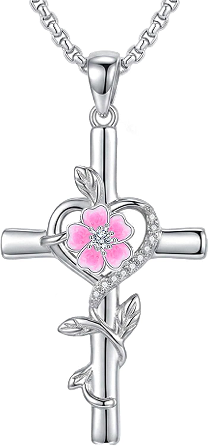 Silver-tone cross pendant with a leaf vine and an enamel birth flower