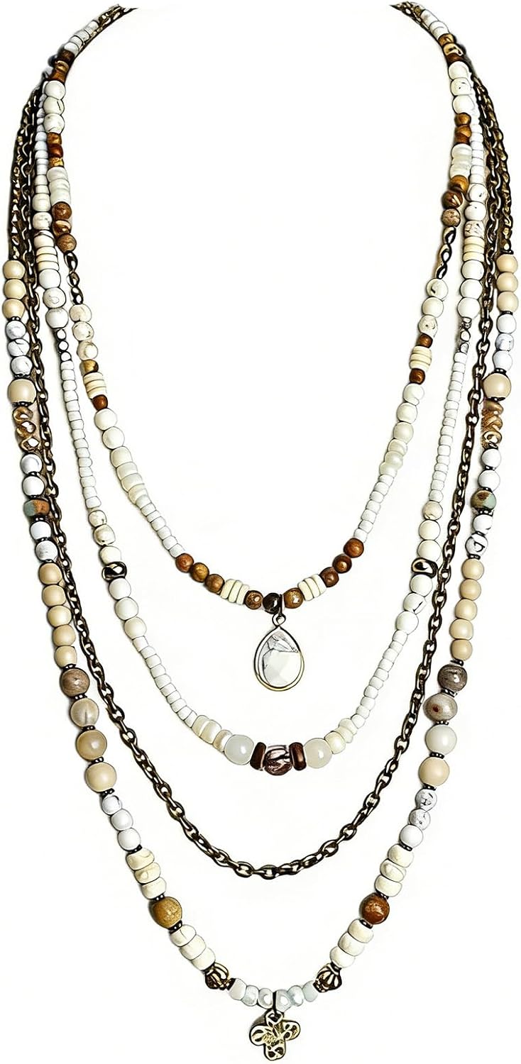 Four-strand layered necklace of mixed stone, wood and glass beads