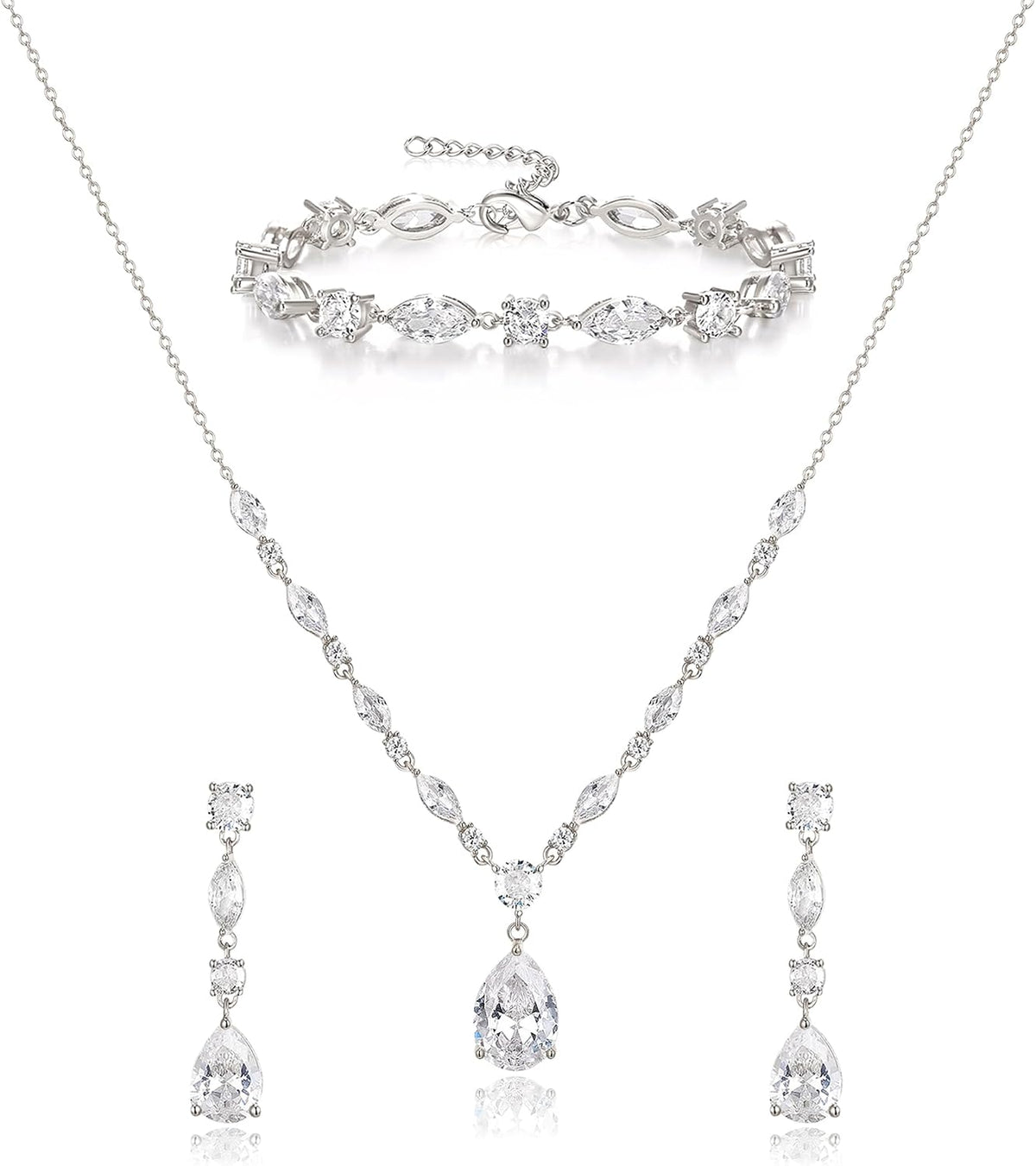 Matching bridal set: necklace, drop earrings and bracelet