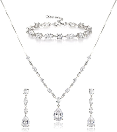 Matching bridal set: necklace, drop earrings and bracelet
