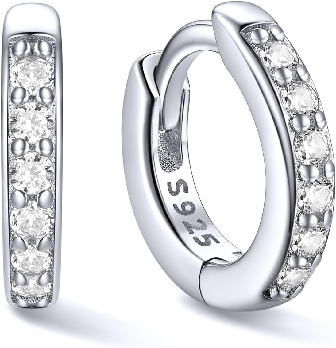Hinged huggie hoop earrings set with a row of clear stones