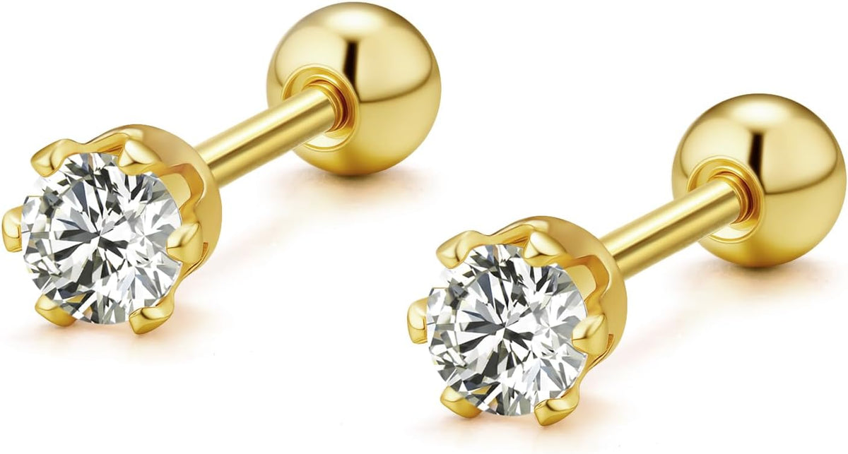 Small gold-tone stud earrings with a screw-on ball back