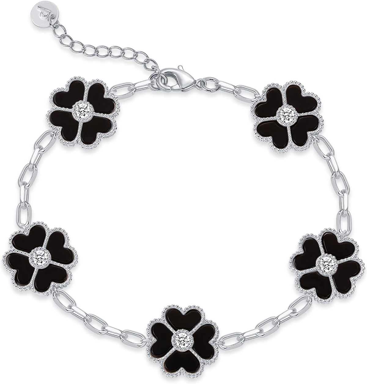 Gold-tone paperclip chain bracelet with five flower stations