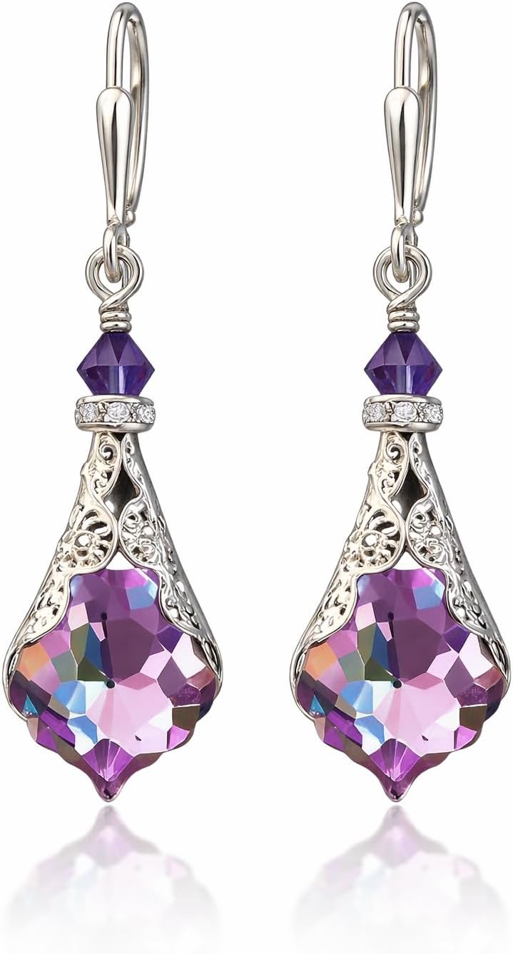 Antique brass-tone leverback earrings with a faceted glass drop