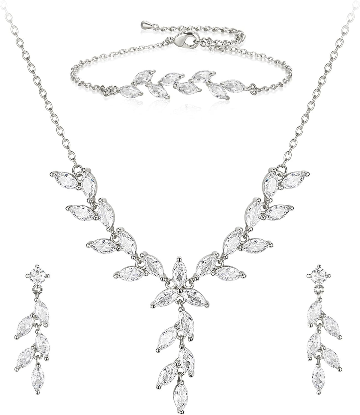 Matching bridal set: necklace, drop earrings and bracelet