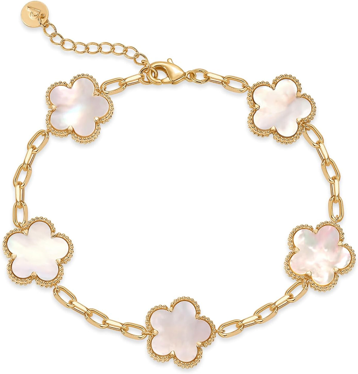 Gold-tone paperclip chain bracelet with five flower stations
