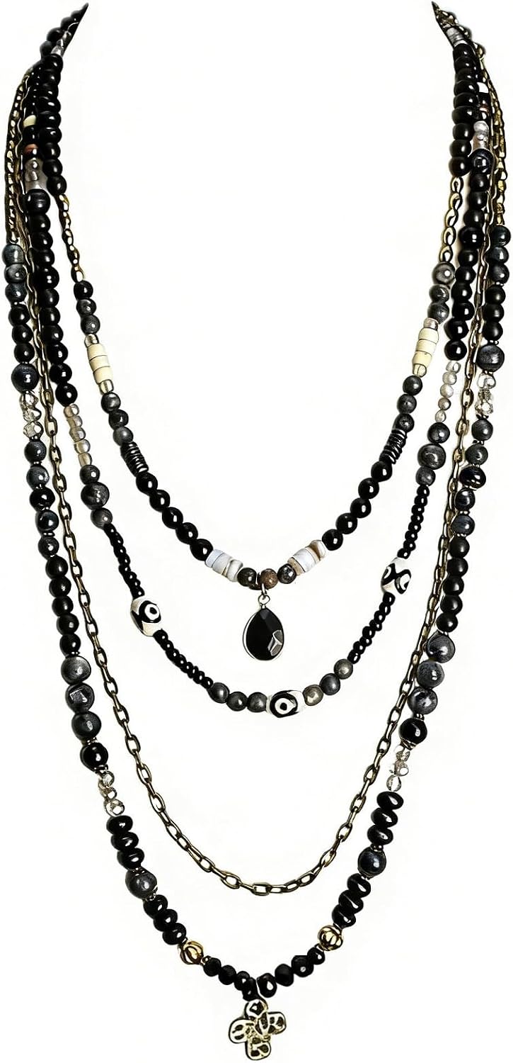 Four-strand layered necklace of mixed stone, wood and glass beads