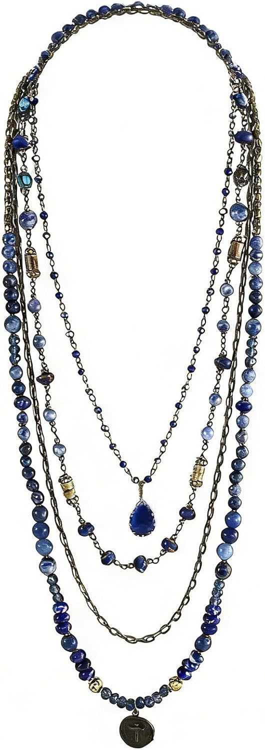 Four-strand layered necklace of mixed stone, wood and glass beads