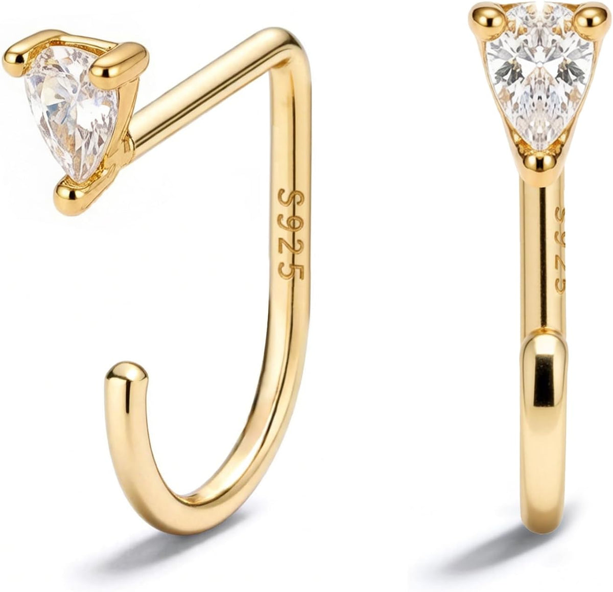 Small half hoop huggie earrings shown in several designs