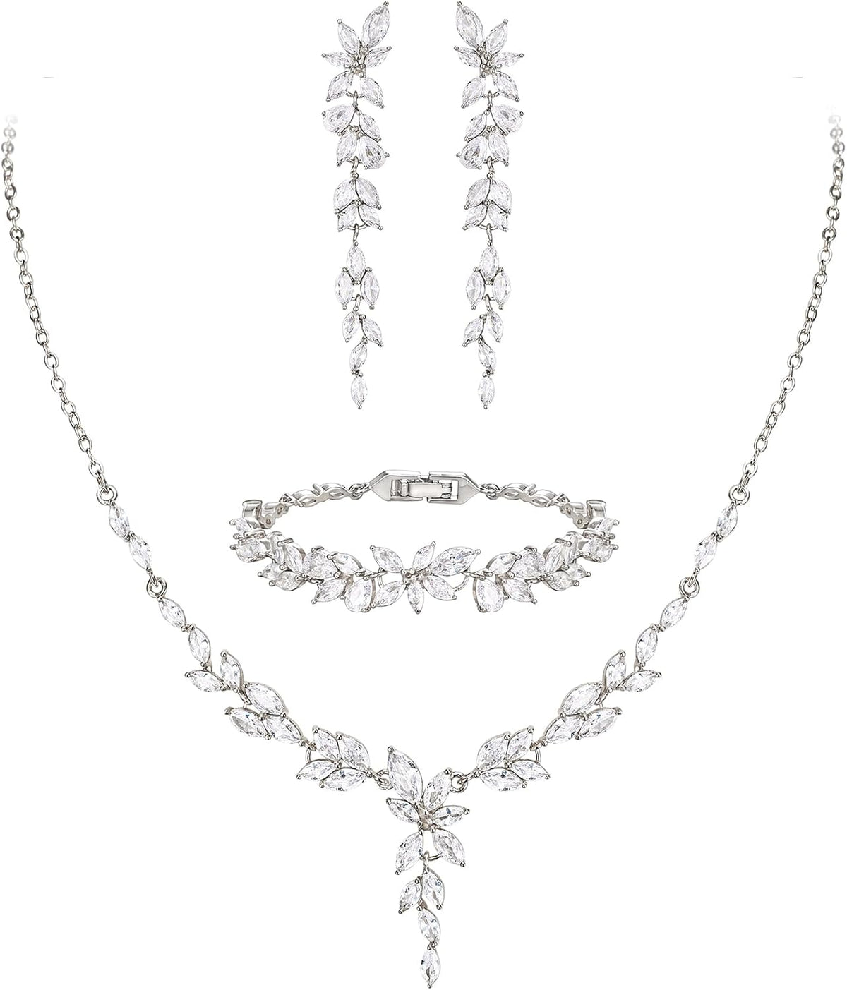 Matching bridal set: necklace, drop earrings and bracelet