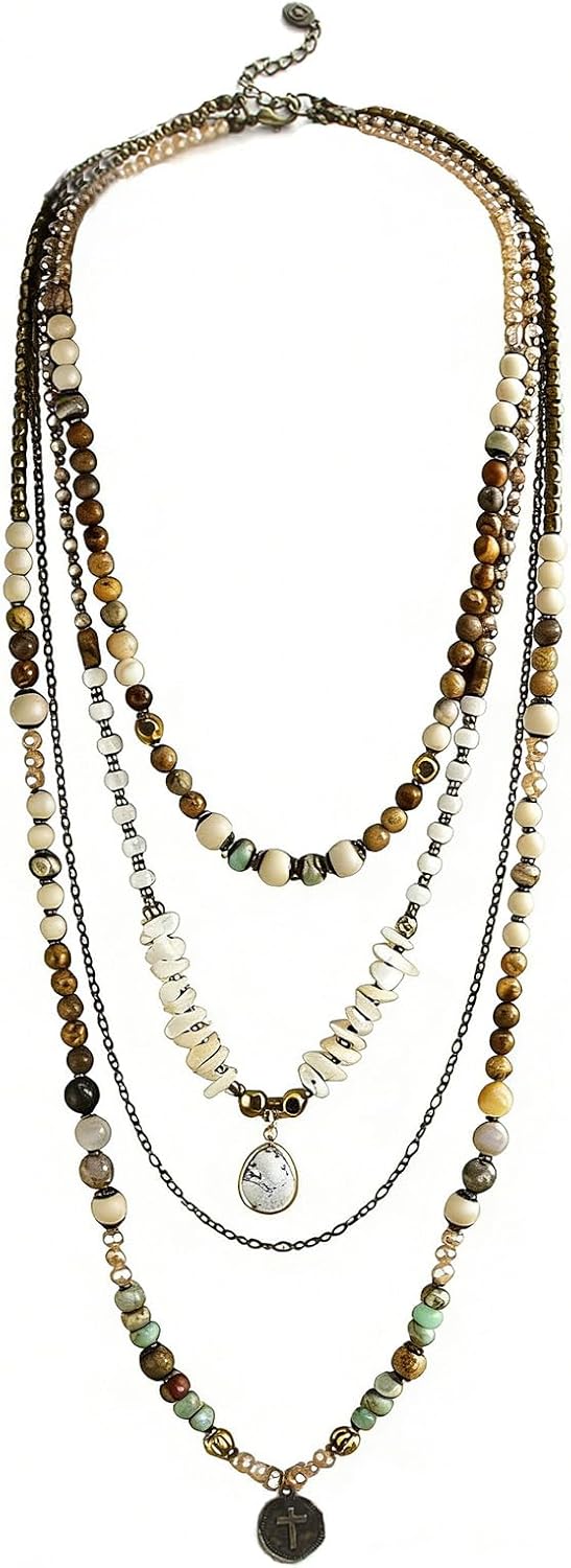 Four-strand layered necklace of mixed stone, wood and glass beads